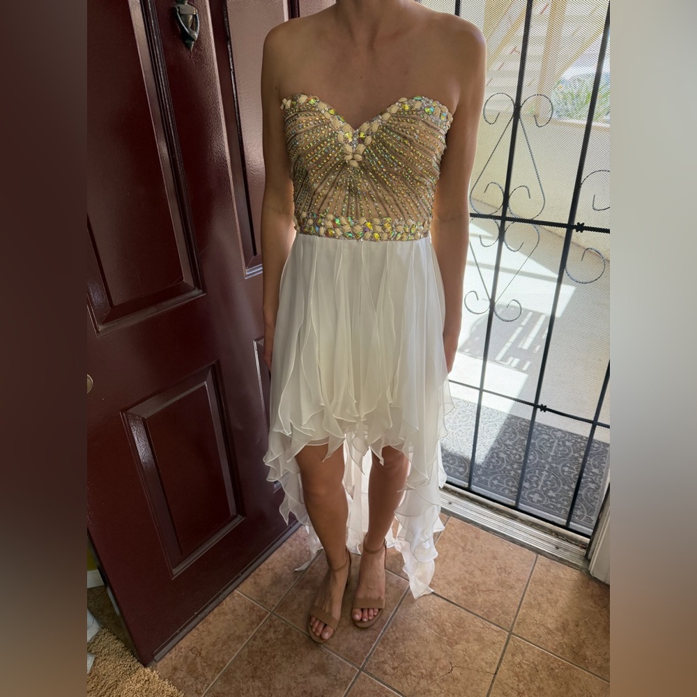 Sherri Hill Strapless White Chiffon High-Low Dress with Embellished Gold Bodice